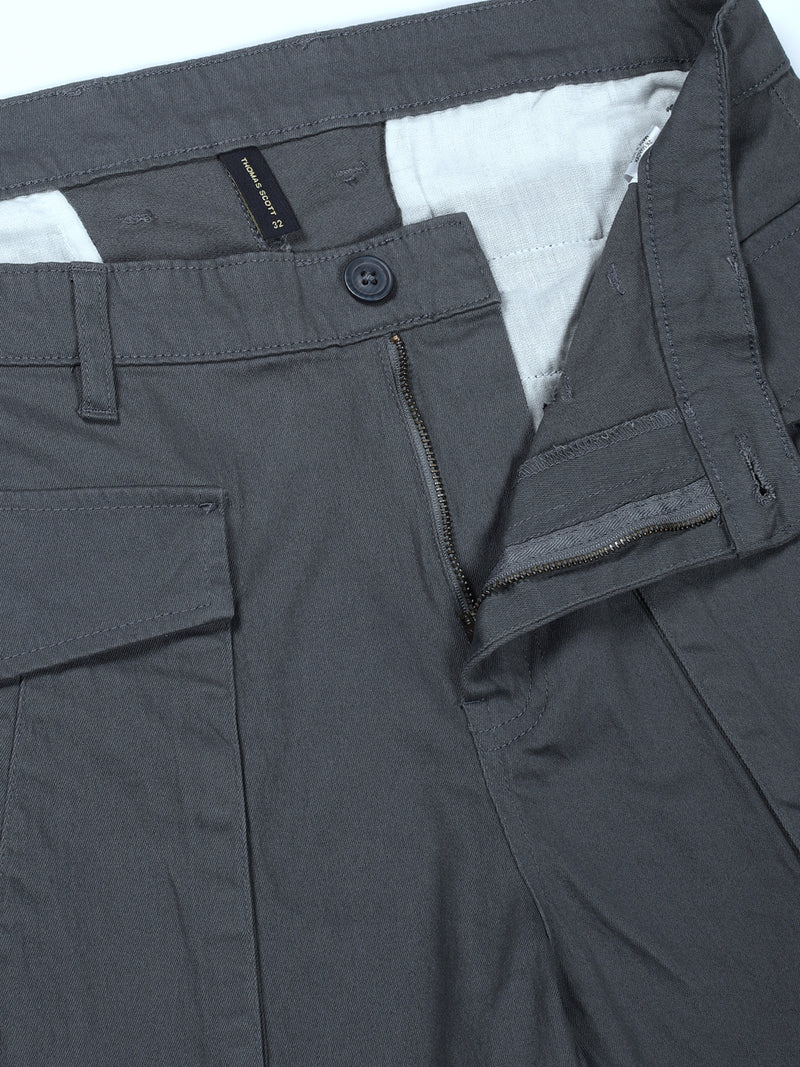 Thomas Scott Men Mid Blue Regular Fit Cargos Cotton Trousers