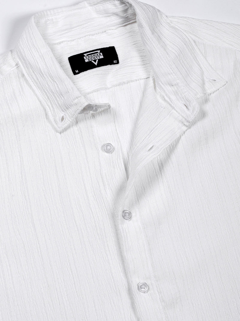 Thomas Scott Men White Slim Fit Long Sleeves Textured Casual Shirt