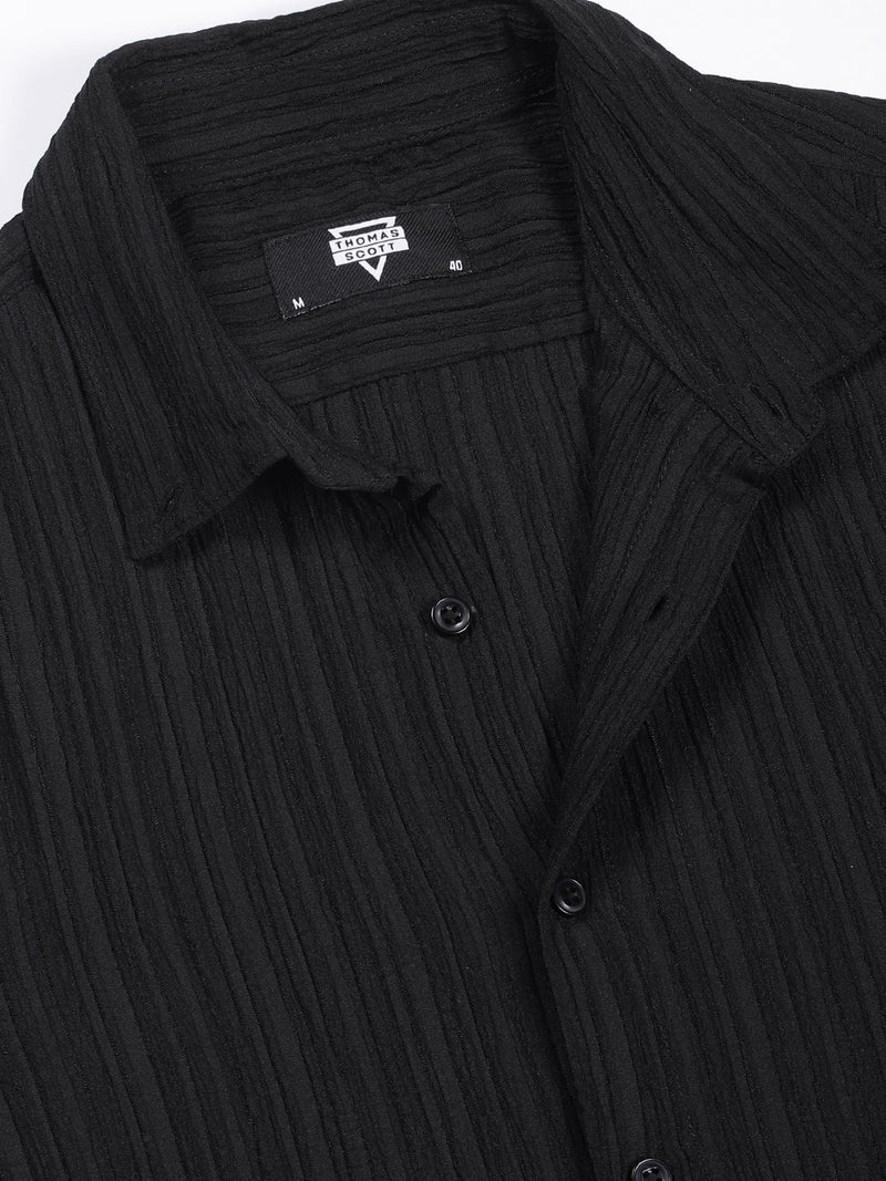 Thomas Scott Men Black Slim Fit Long Sleeves Textured Casual Shirt
