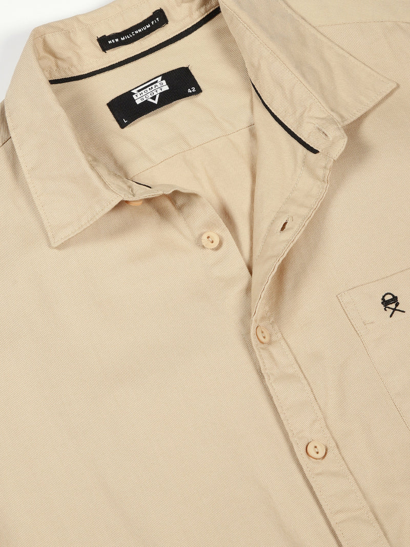 Thomas Scott Men Beige Slim Fit Long Sleeves Solid Cotton Casual Shirt