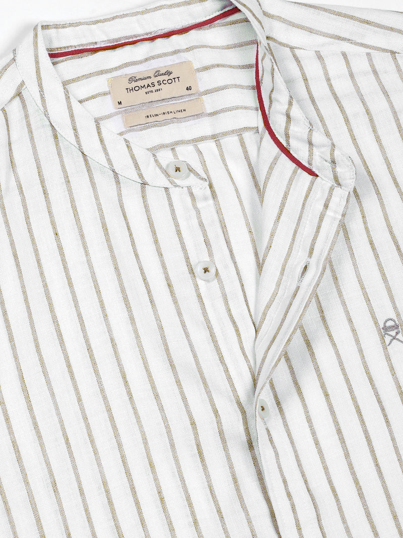 Thomas Scott Men Brown Slim Fit Vertical Stripes Linen Casual Shirt