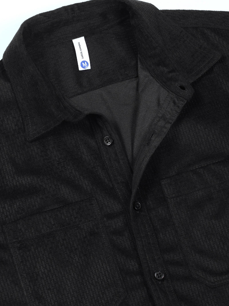 Thomas Scott Men Black Slim Fit Long Sleeves Self-Structured Velvet Casual Shirt