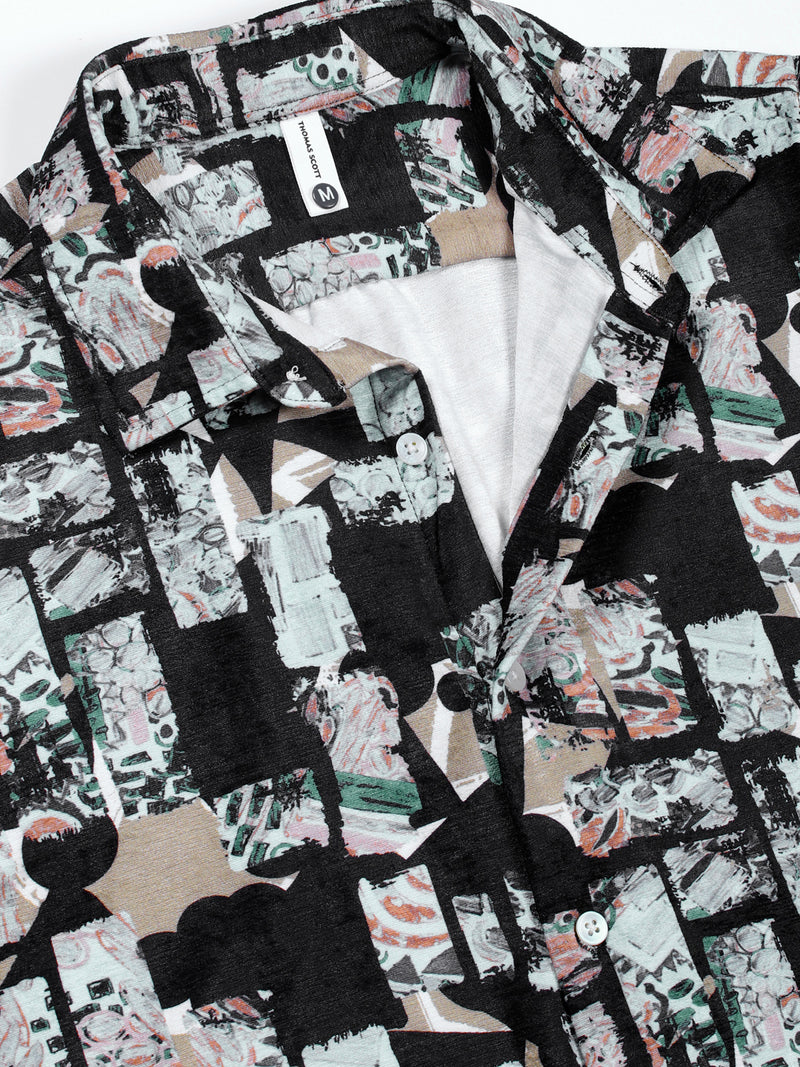 Thomas Scott Men Black Slim Fit Long Sleeves Abstract Printed Casual Shirt