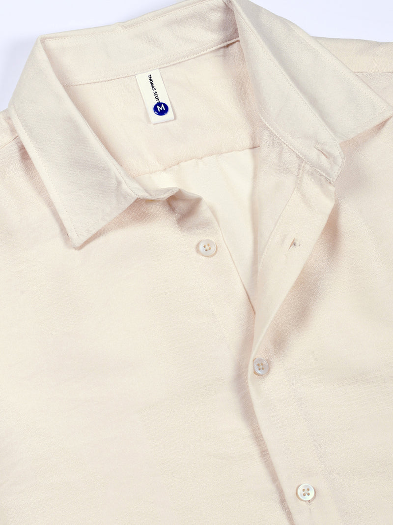 Thomas Scott Men Cream Slim Fit Long Sleeves Solid Self Design Casual Shirt