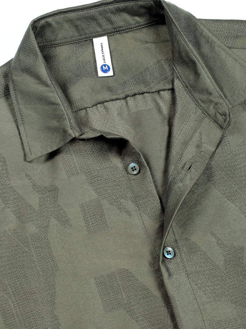 Thomas Scott Men Olive Slim Fit Long Sleeves Solid Self Design Casual Shirt