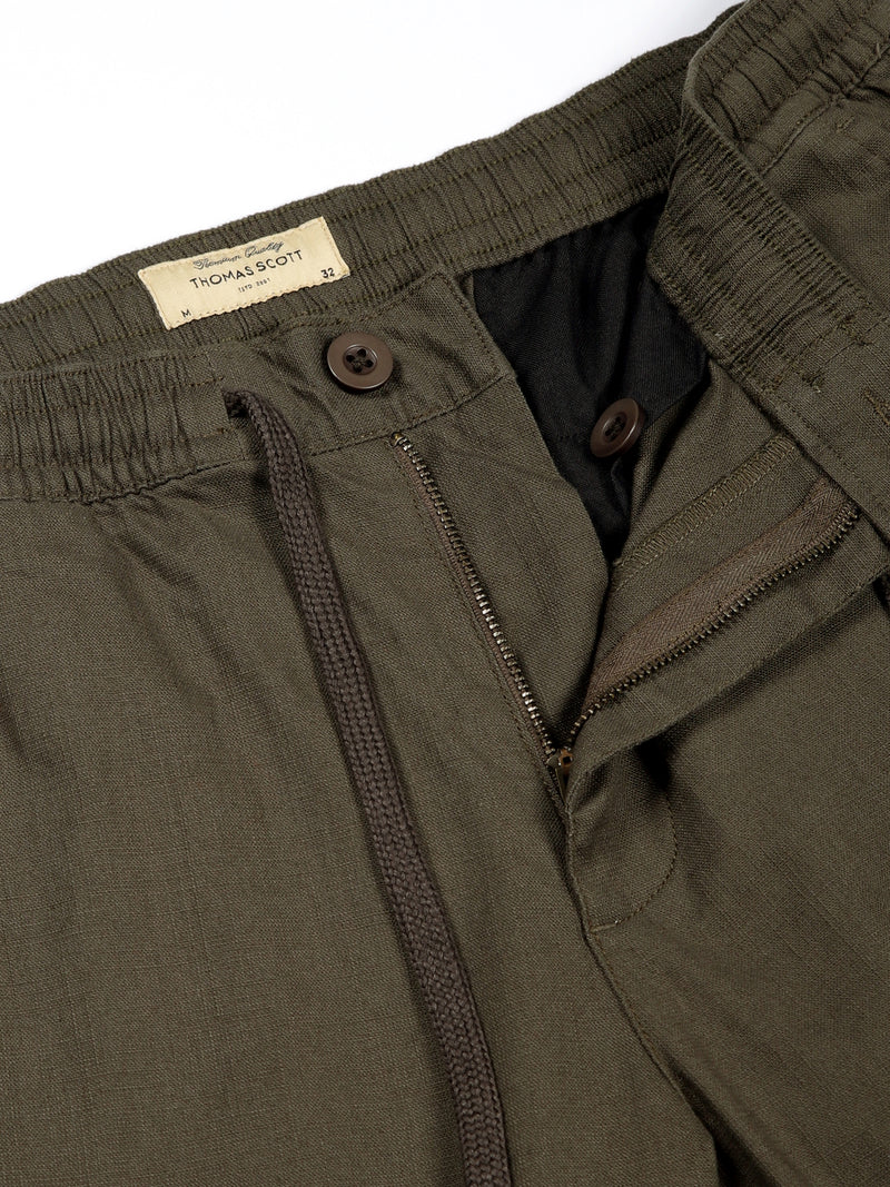 Thomas Scott Men Olive Mid-Rise Straight Fit Cotton Linen Woven Cargos Trouser