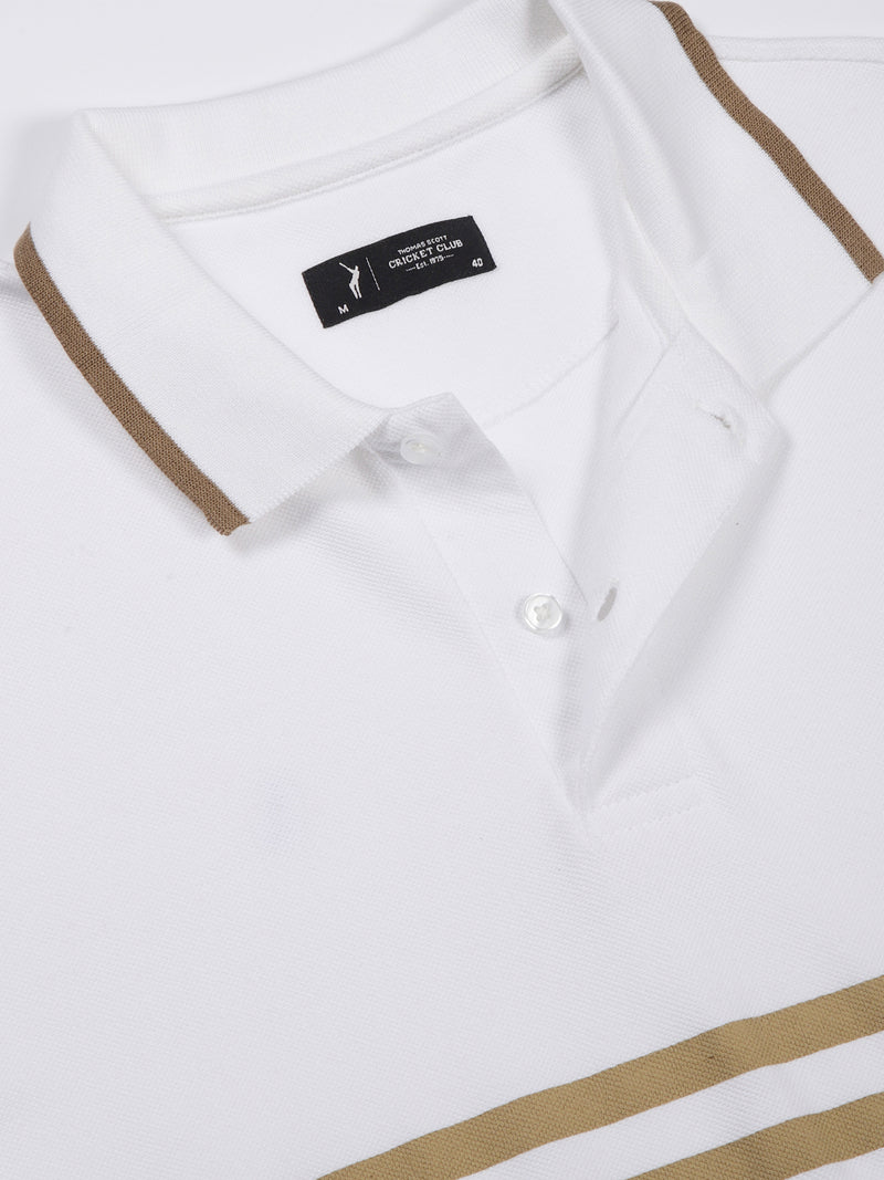 Thomas Scott Men White Striped Polo Collar Cotton T-shirt