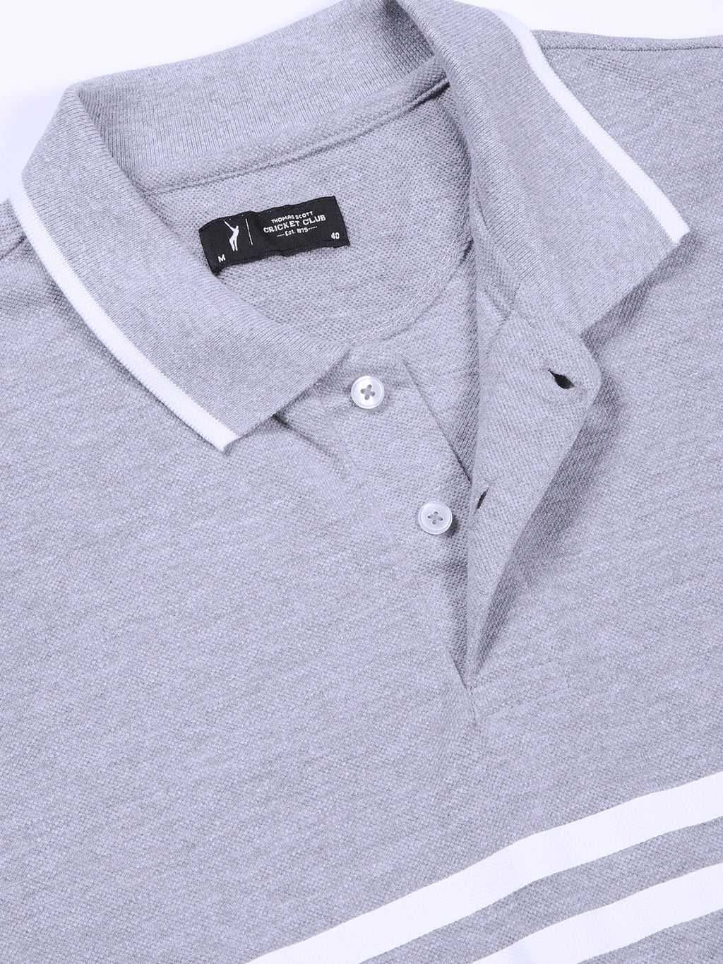 Thomas Scott Men Grey Mel Striped Polo Collar Cotton T-shirt