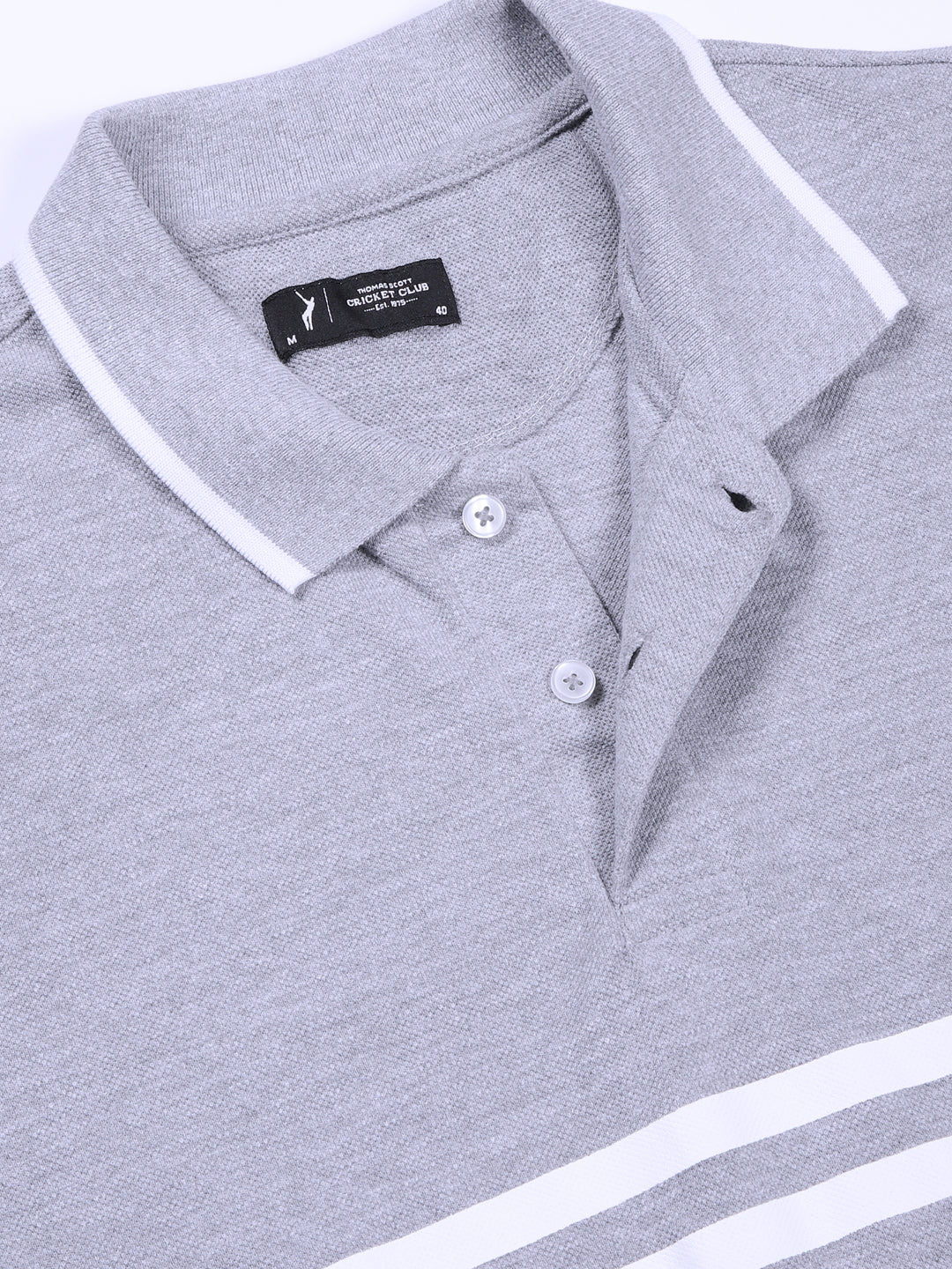 Thomas Scott Men Grey Mel Striped Polo Collar Cotton T-shirt