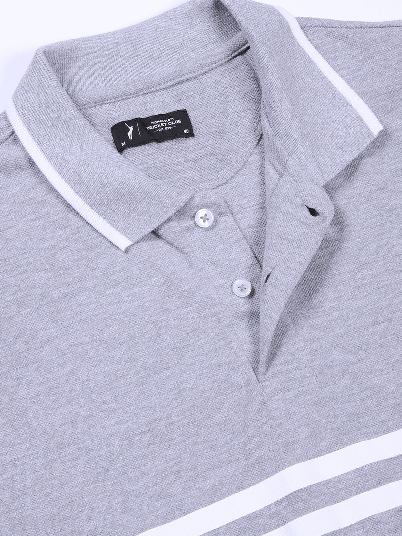 Thomas Scott Men Grey Mel Striped Polo Collar Cotton T-shirt