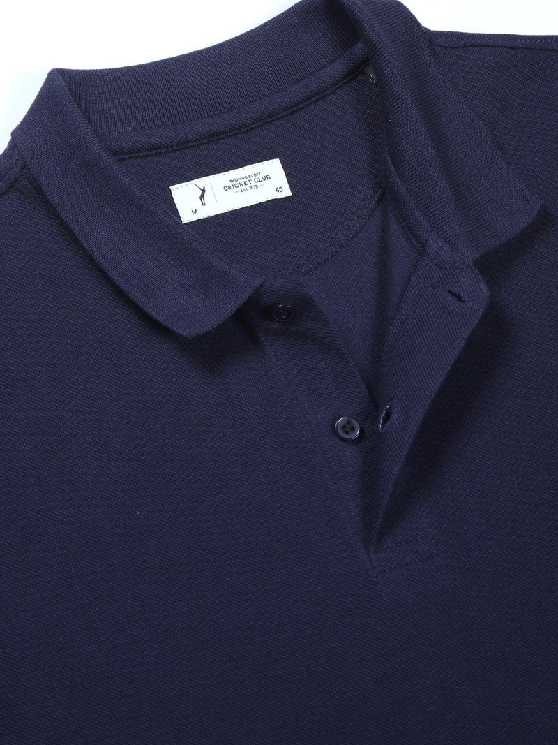 Thomas Scott Men Royal Blue Solid Polo Collar Cotton T-shirt