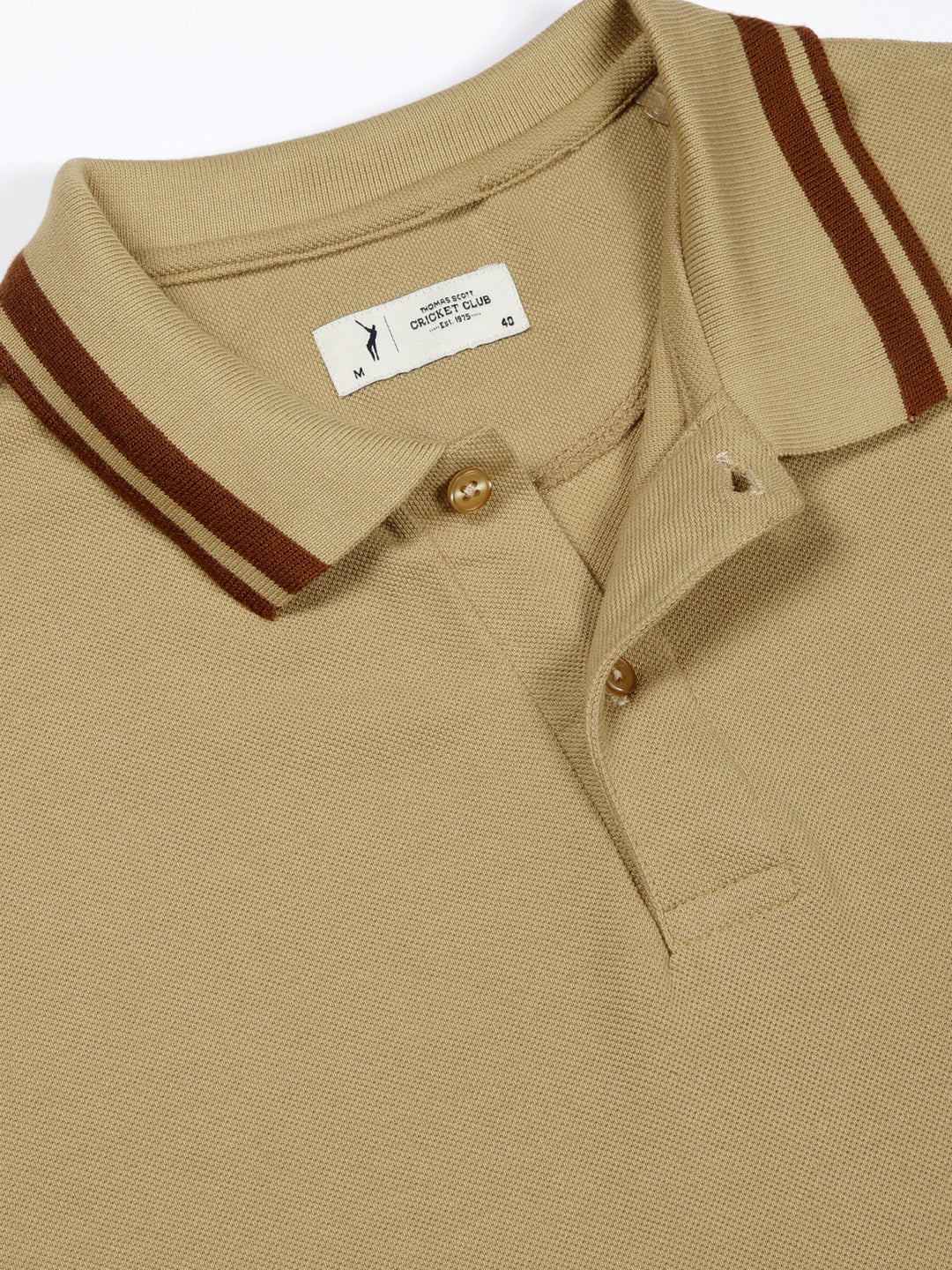 Thomas Scott Men Beige Solid Polo Collar Cotton T-shirt