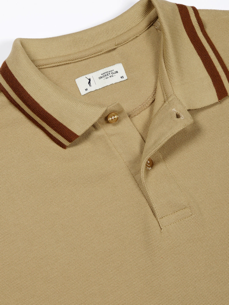 Thomas Scott Men Beige Solid Polo Collar Cotton T-shirt