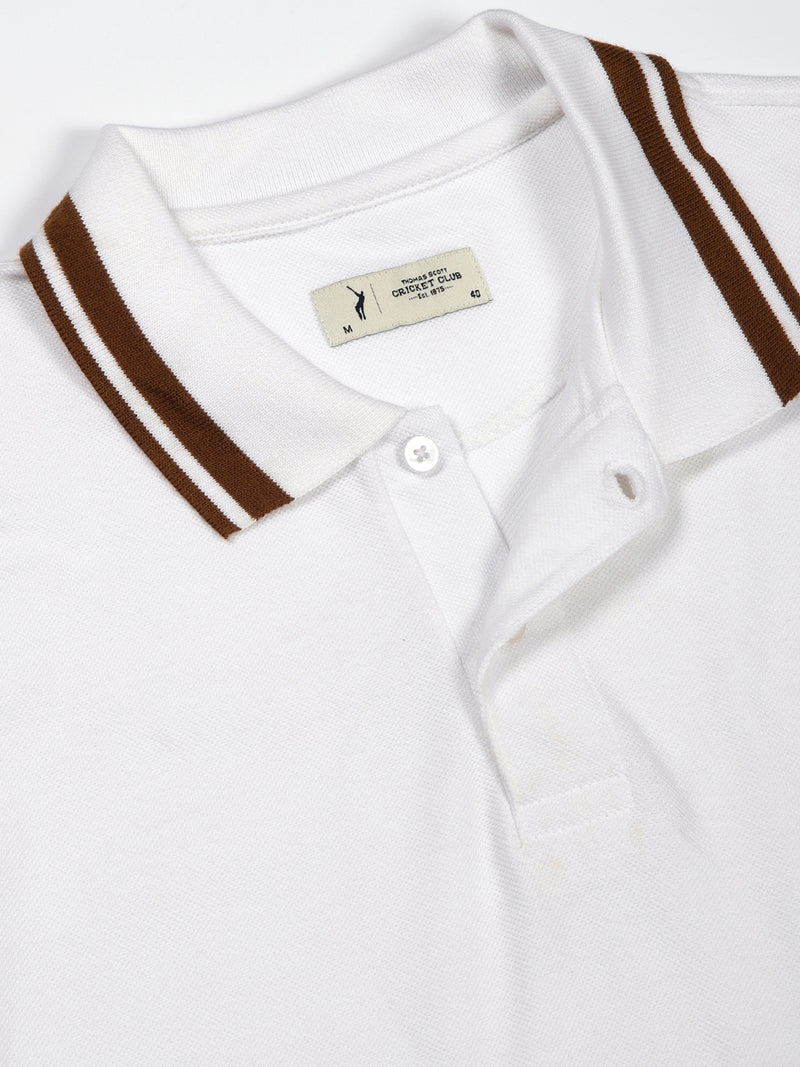 Thomas Scott Men White Solid Polo Collar Cotton T-shirt