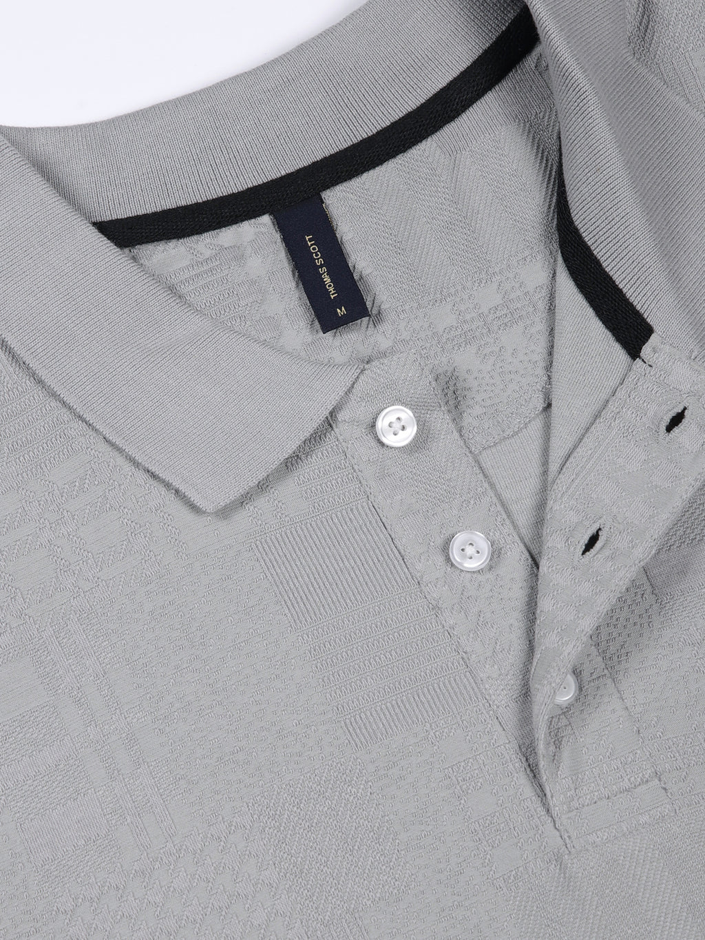 Thomas Scott Men Grey Textured Polo Collar Regular Fit T-shirt