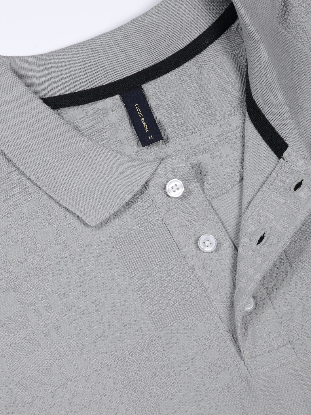 Thomas Scott Men Grey Textured Polo Collar Regular Fit T-shirt