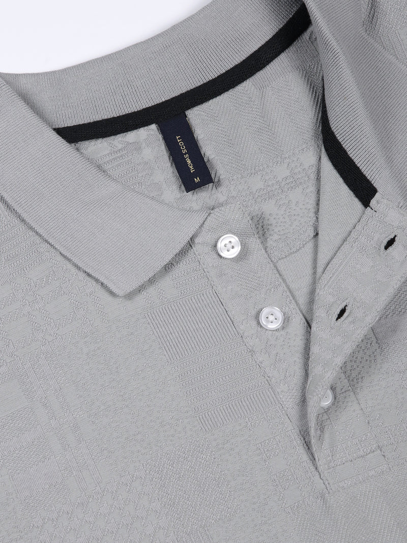 Thomas Scott Men Grey Textured Polo Collar Regular Fit T-shirt