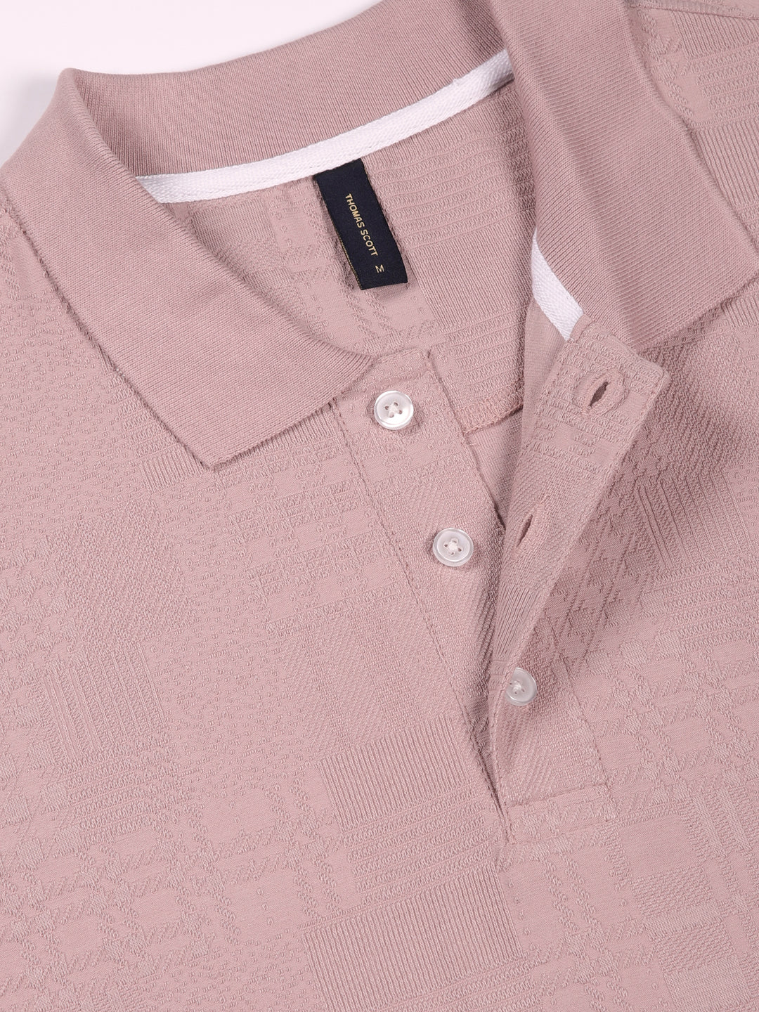 Thomas Scott Men Pink Textured Polo Collar Regular Fit T-shirt