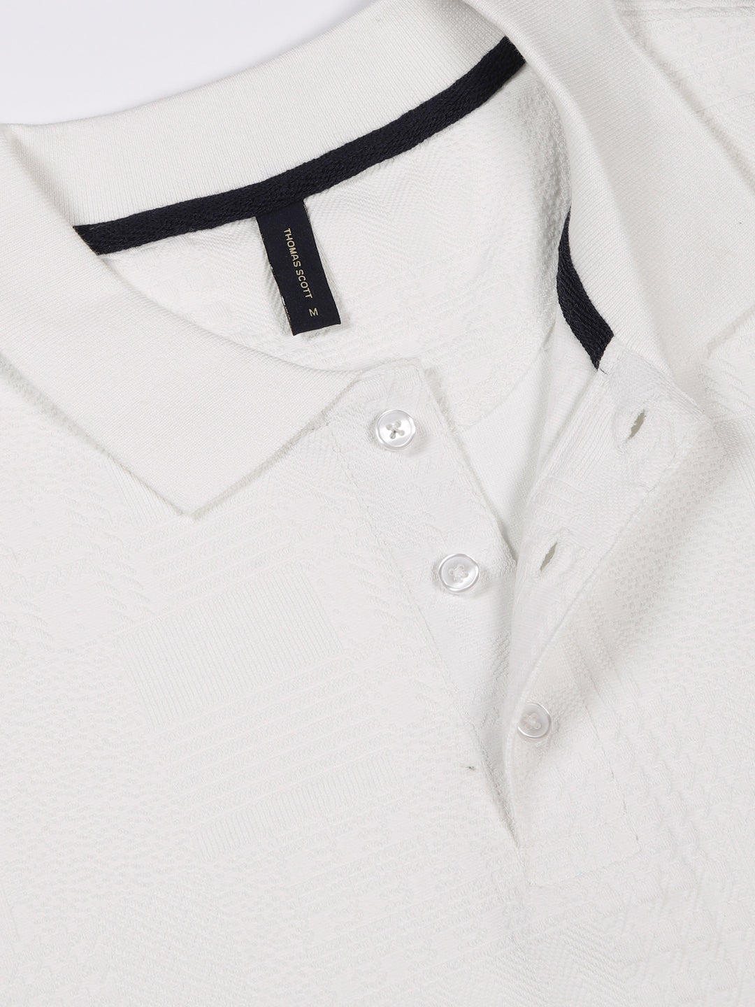 Thomas Scott Men White Textured Polo Collar Regular Fit T-shirt