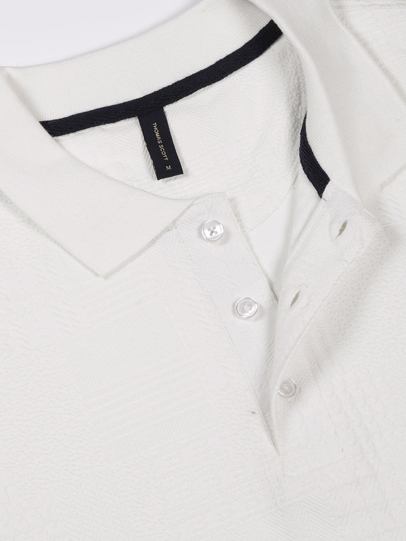 Thomas Scott Men White Textured Polo Collar Regular Fit T-shirt