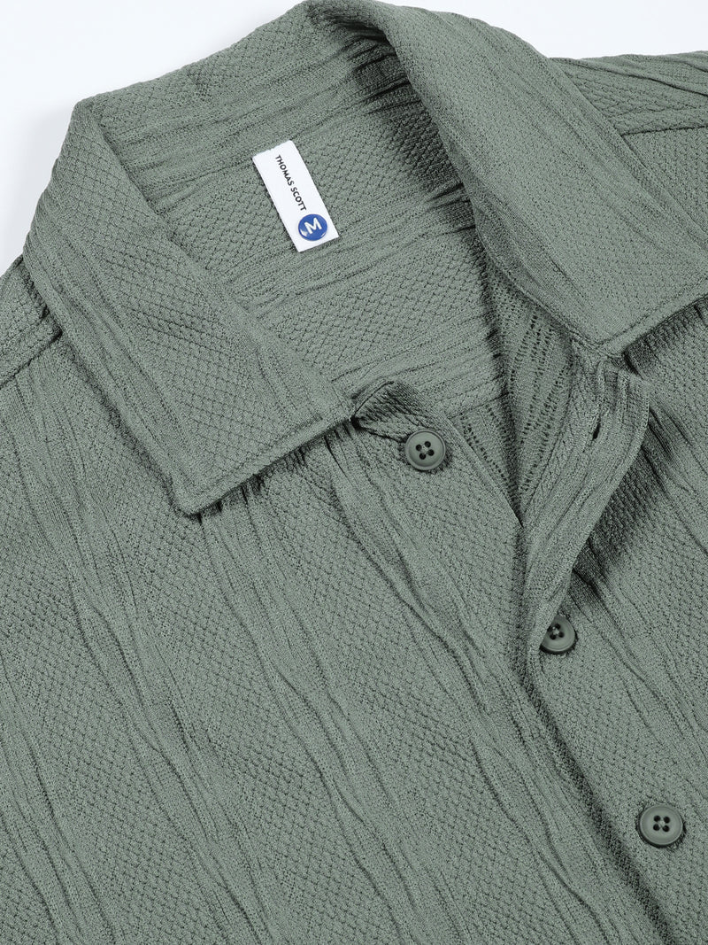 Thomas Scott Men Green Oversized Textured Knitted Casual Shirt