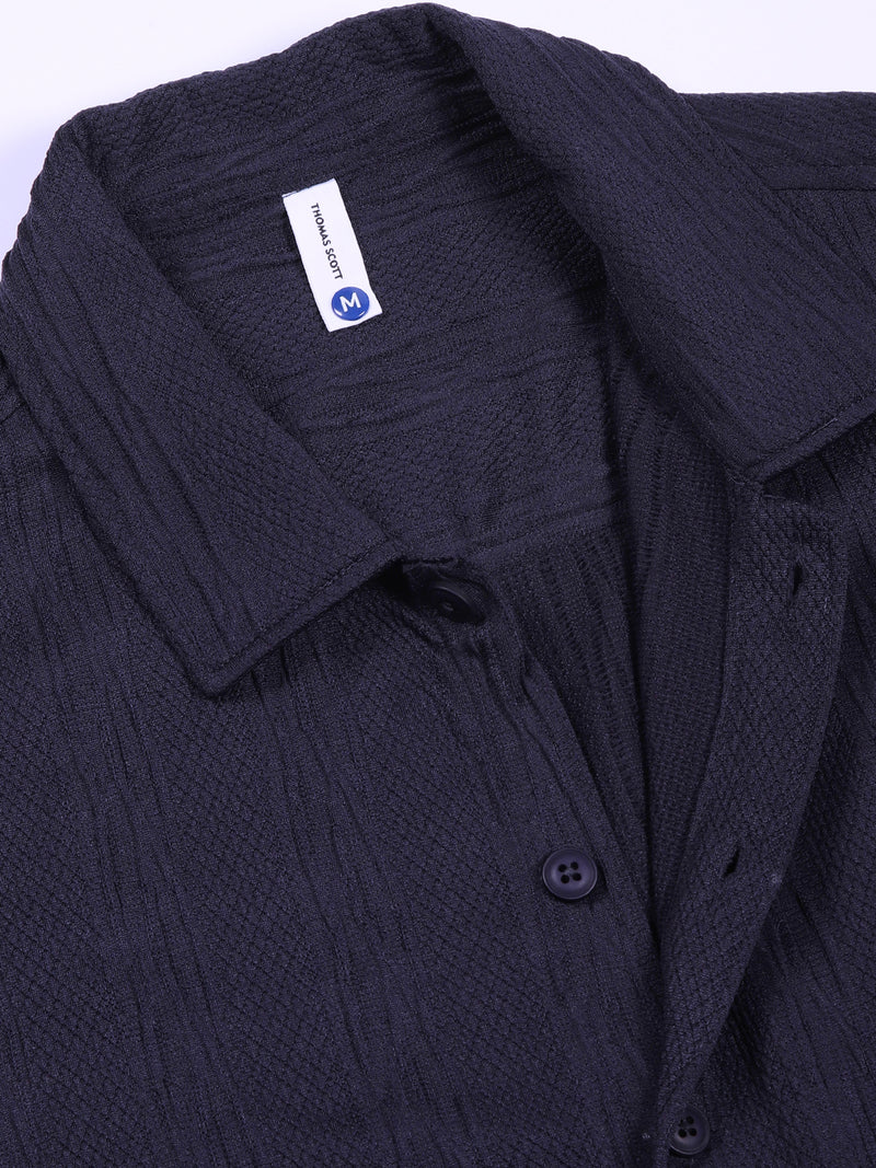 Thomas Scott Men Navy Oversized Textured Knitted Casual Shirt