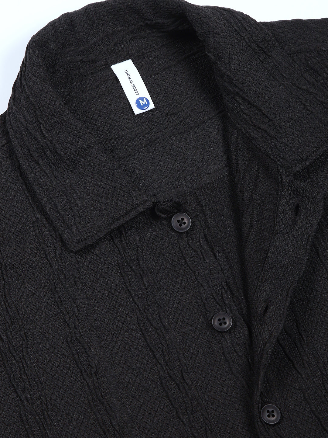 Thomas Scott Men Black Oversized Textured Knitted Casual Shirt
