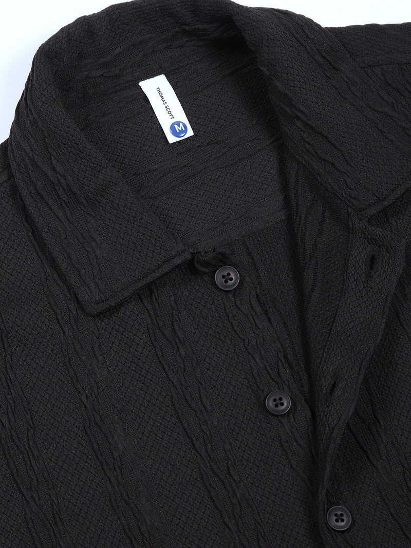 Thomas Scott Men Black Oversized Textured Knitted Casual Shirt