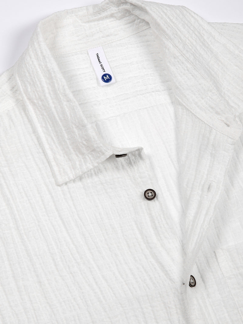 Thomas Scott Men White Slim Fit Textured Seersucker Casual Shirt