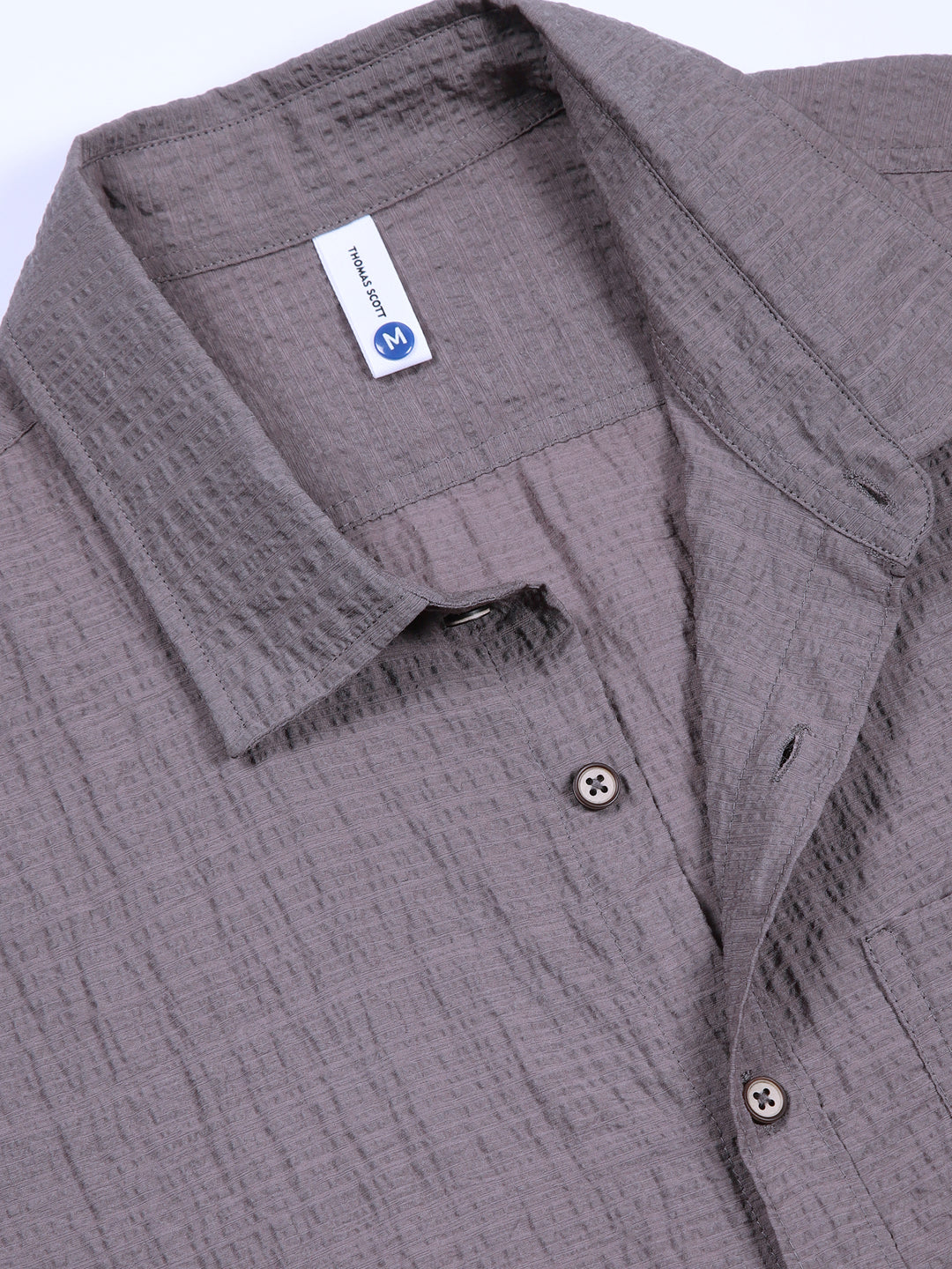 Thomas Scott Men Grey Slim Fit Textured Seersucker Casual Shirt