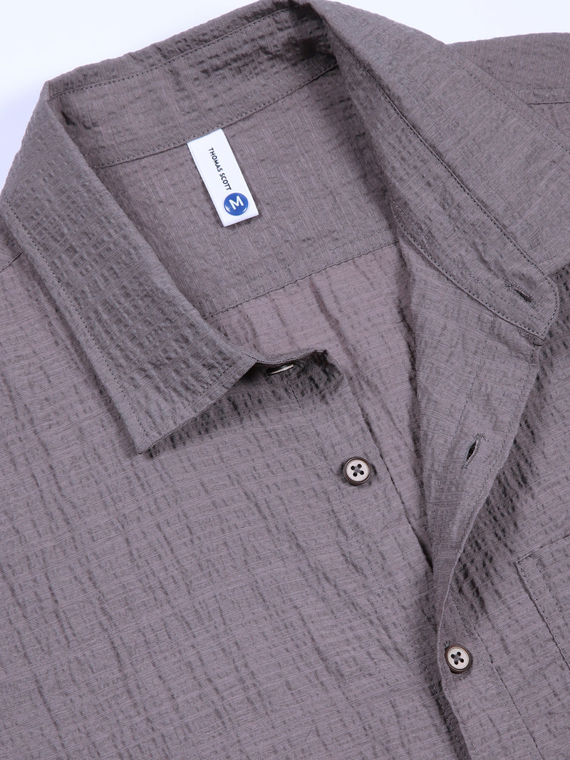 Thomas Scott Men Grey Slim Fit Textured Seersucker Casual Shirt