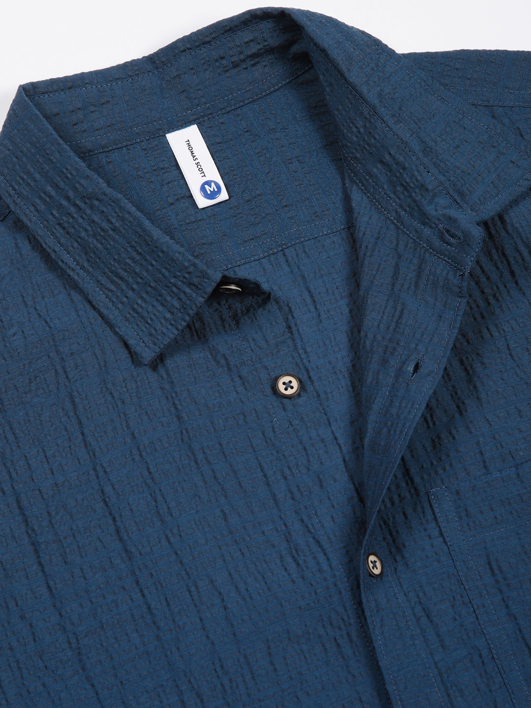 Thomas Scott Men Teal Slim Fit Textured Seersucker Casual Shirt