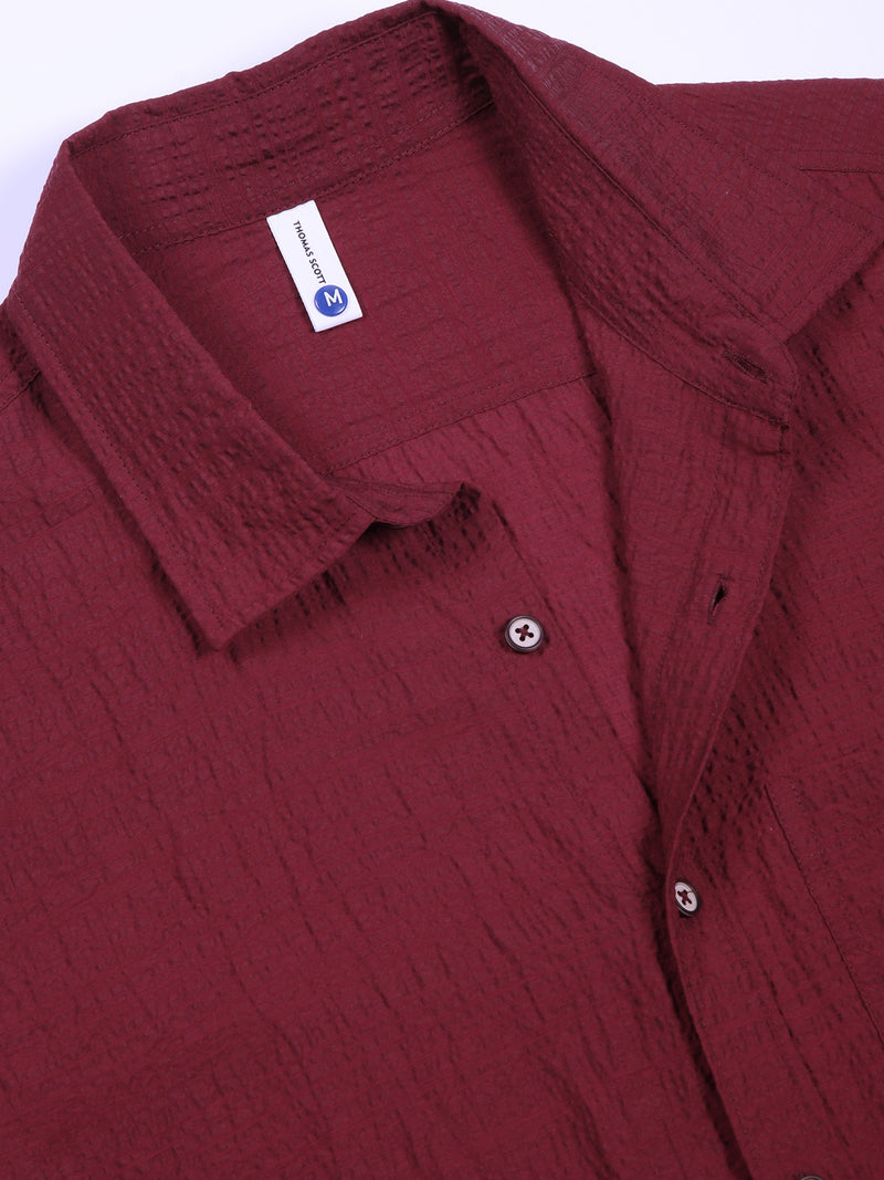 Thomas Scott Men Maroon Slim Fit Textured Seersucker Casual Shirt