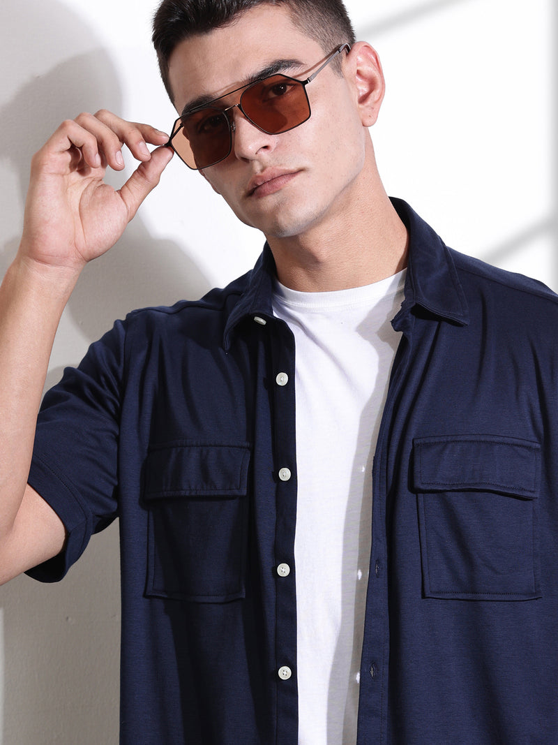Thomas Scott Men Navy Slim Fit Solid Casual Shirt