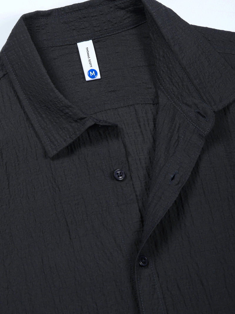 Thomas Scott Men BottleGreen Slim Fit Solid Seersucker Casual Shirt