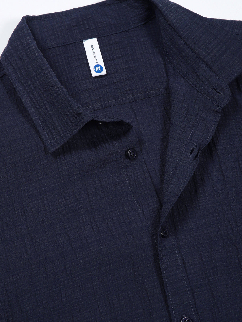 Thomas Scott Men MidBlue Slim Fit Solid Seersucker Casual Shirt