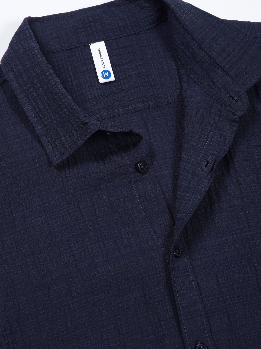 Thomas Scott Men MidBlue Slim Fit Solid Seersucker Casual Shirt