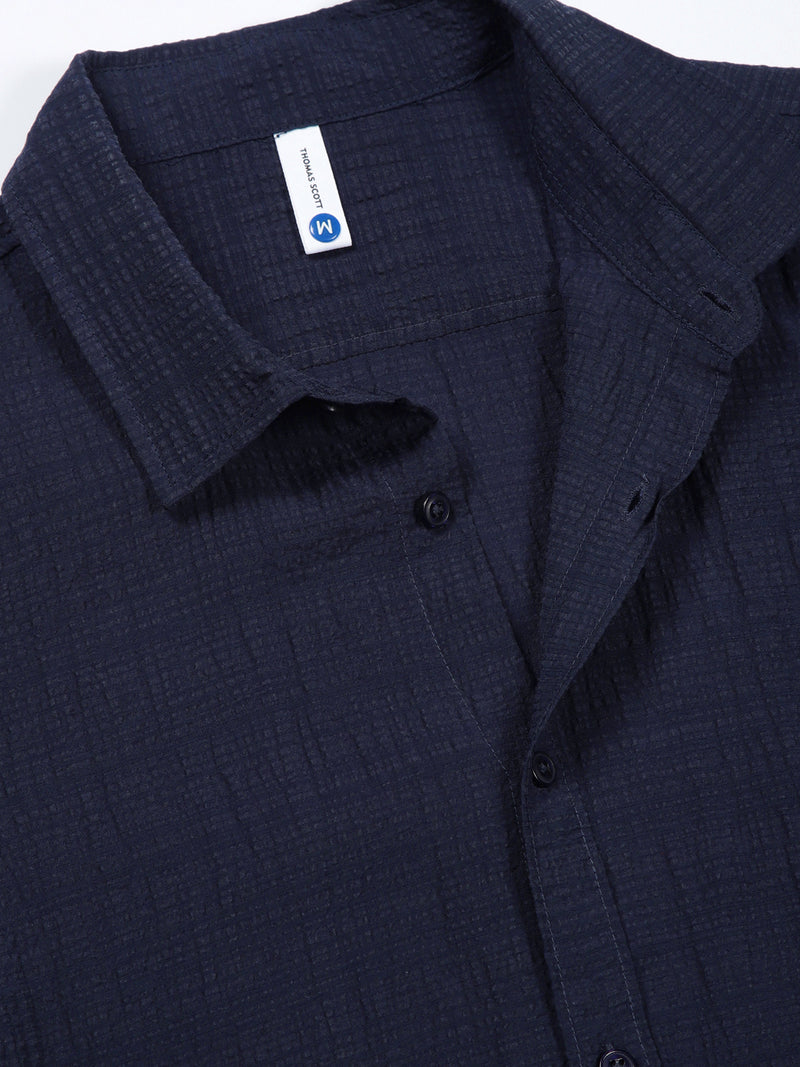 Thomas Scott Men MidBlue Slim Fit Solid Seersucker Casual Shirt