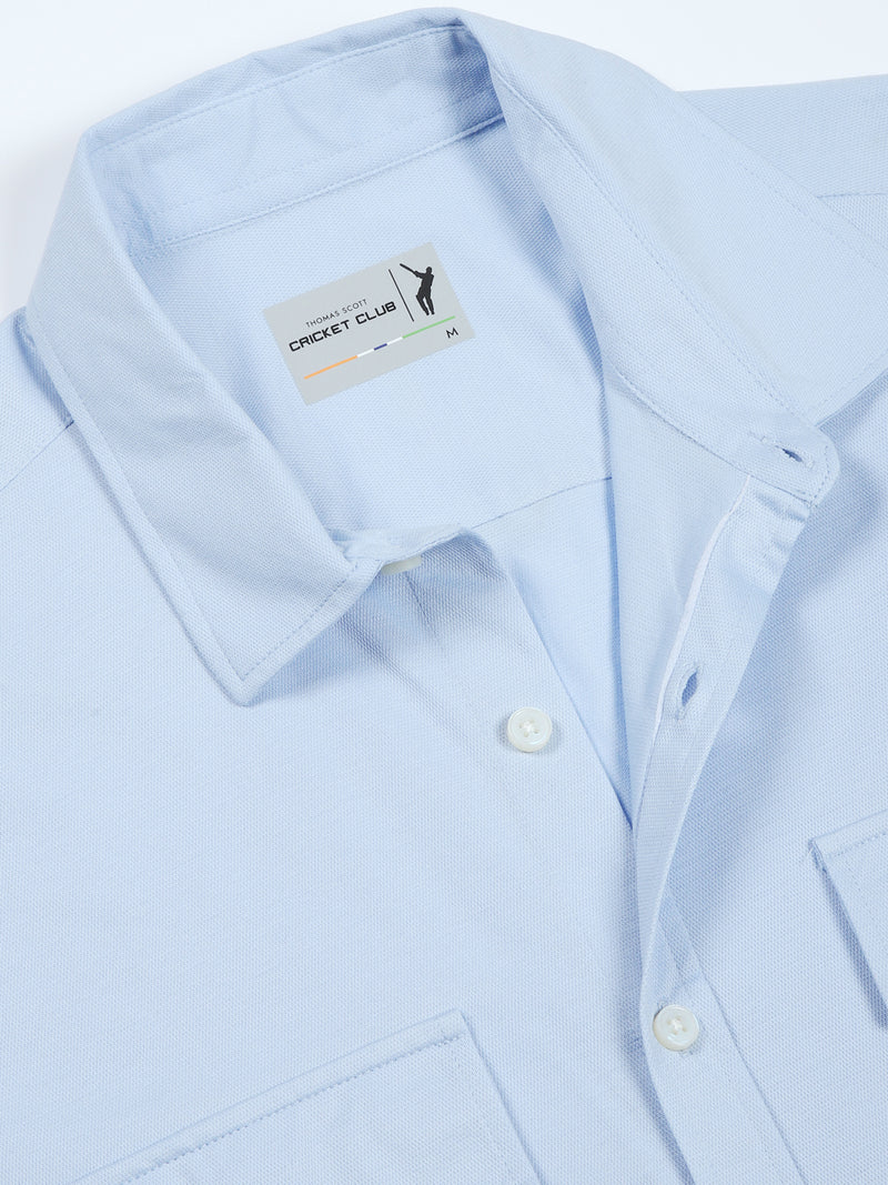 Thomas Scott Men Blue Slim Fit Short Sleeve Solid Cotton Knitted Shirt