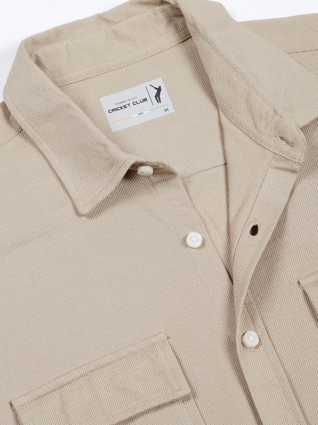 Thomas Scott Men Beige Slim Fit Short Sleeve Solid Cotton Knitted Shirt