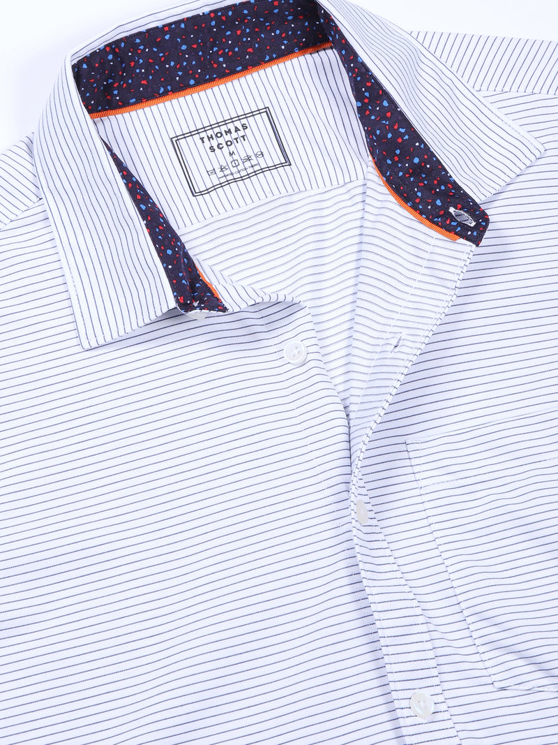 Thomas Scott Men SkyBlue Slim Fit Horizontal Stripes Cotton Knitted Shirt