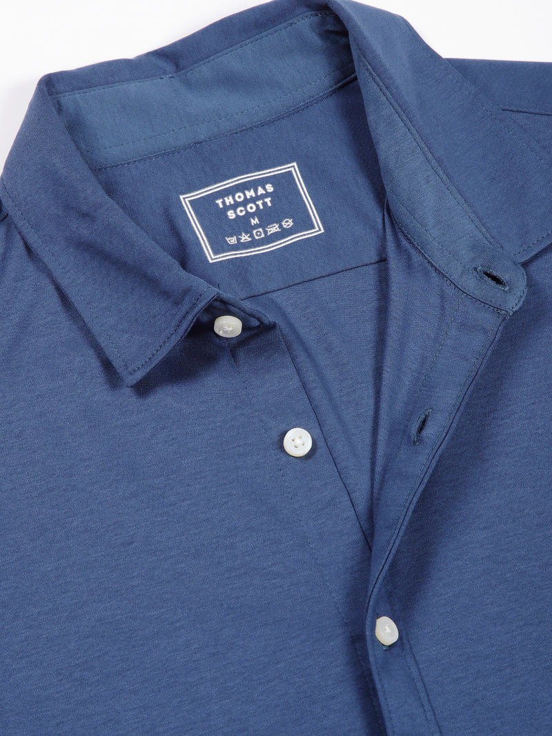 Thomas Scott Men Medium Blue Spread Collar Slim Fit Long Sleeves Solid Knitted Shirt
