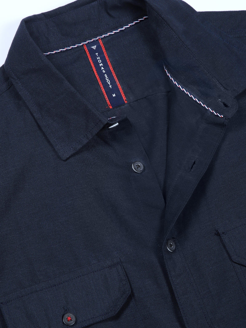 Thomas Scott Men Navy Slim Fit Solid Linen Casual Shirt