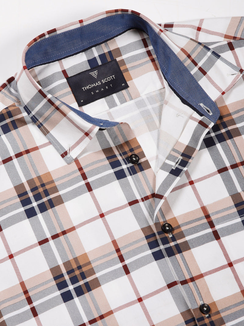 Thomas Scott Men White Slim Fit Windowpane Checked Cotton Formal Shirt