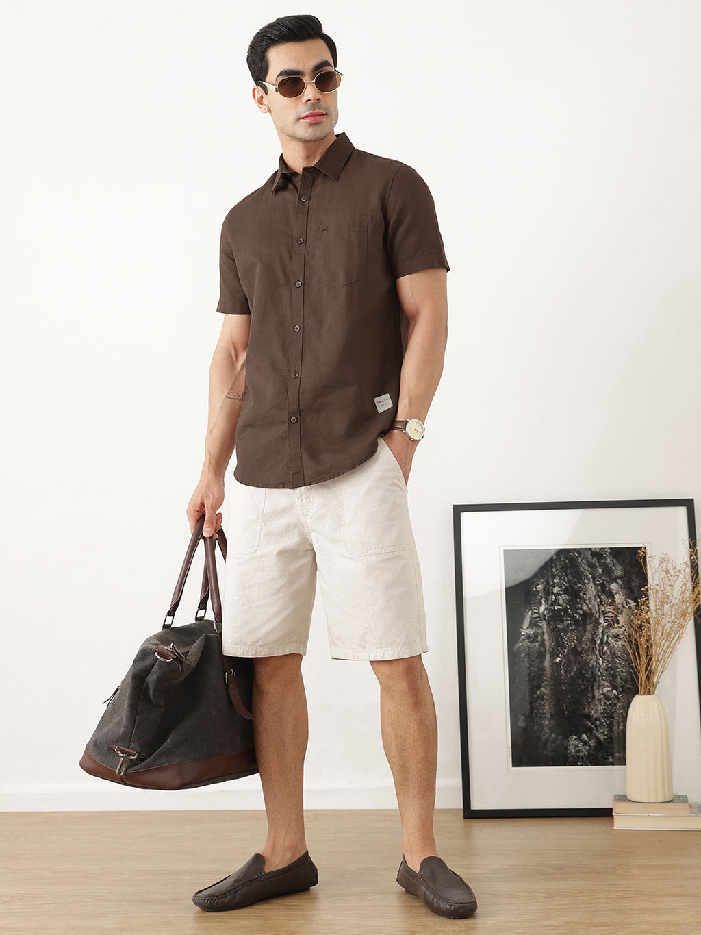 Thomas Scott Men Classic Brown Slim Fit Short Sleeves Spread Collar Solid Cotton Linen Casual Shirt