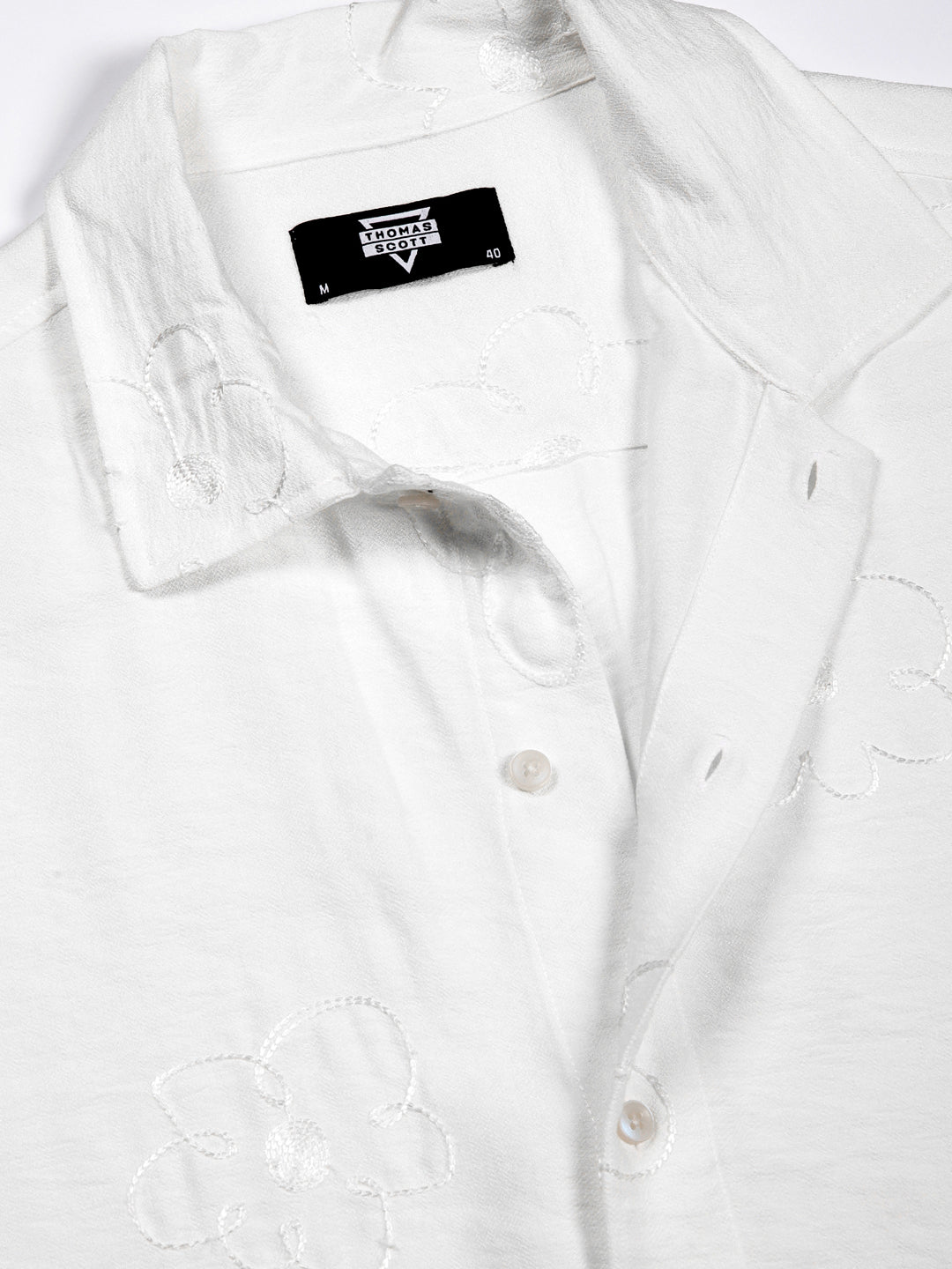 Thomas Scott Men White Regular Fit Short Sleeves Cuban Collar Embroidered Shirt