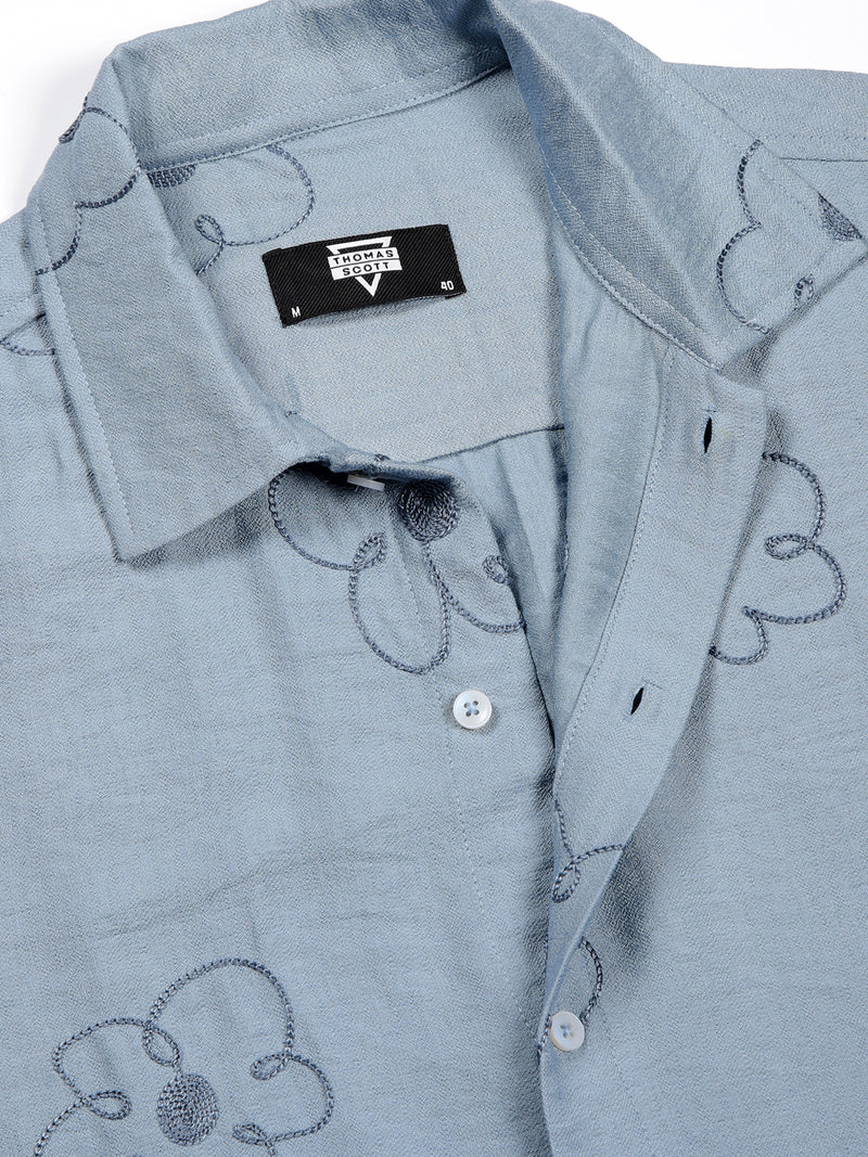 Thomas Scott Men Blue Regular Fit Short Sleeves Cuban Collar Embroidered Shirt