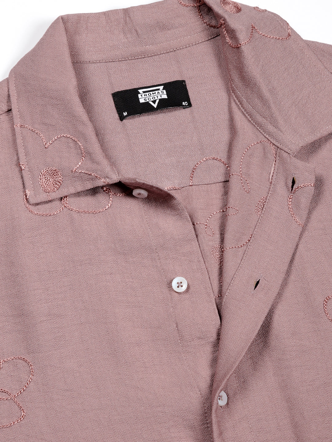 Thomas Scott Men Pink Regular Fit Short Sleeves Cuban Collar Embroidered Shirt