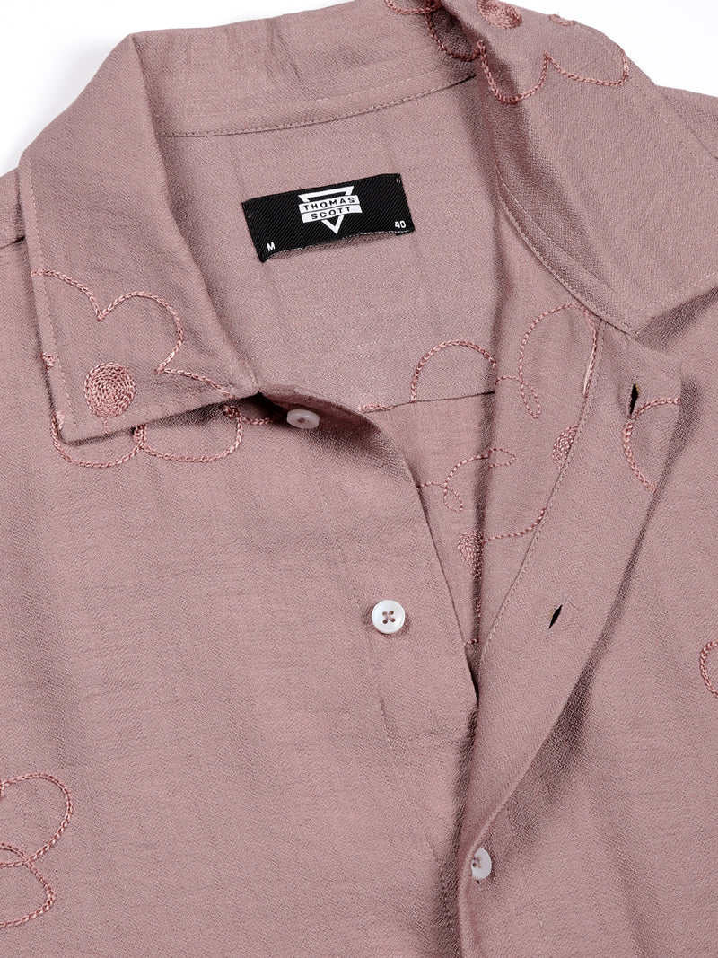 Thomas Scott Men Pink Regular Fit Short Sleeves Cuban Collar Embroidered Shirt