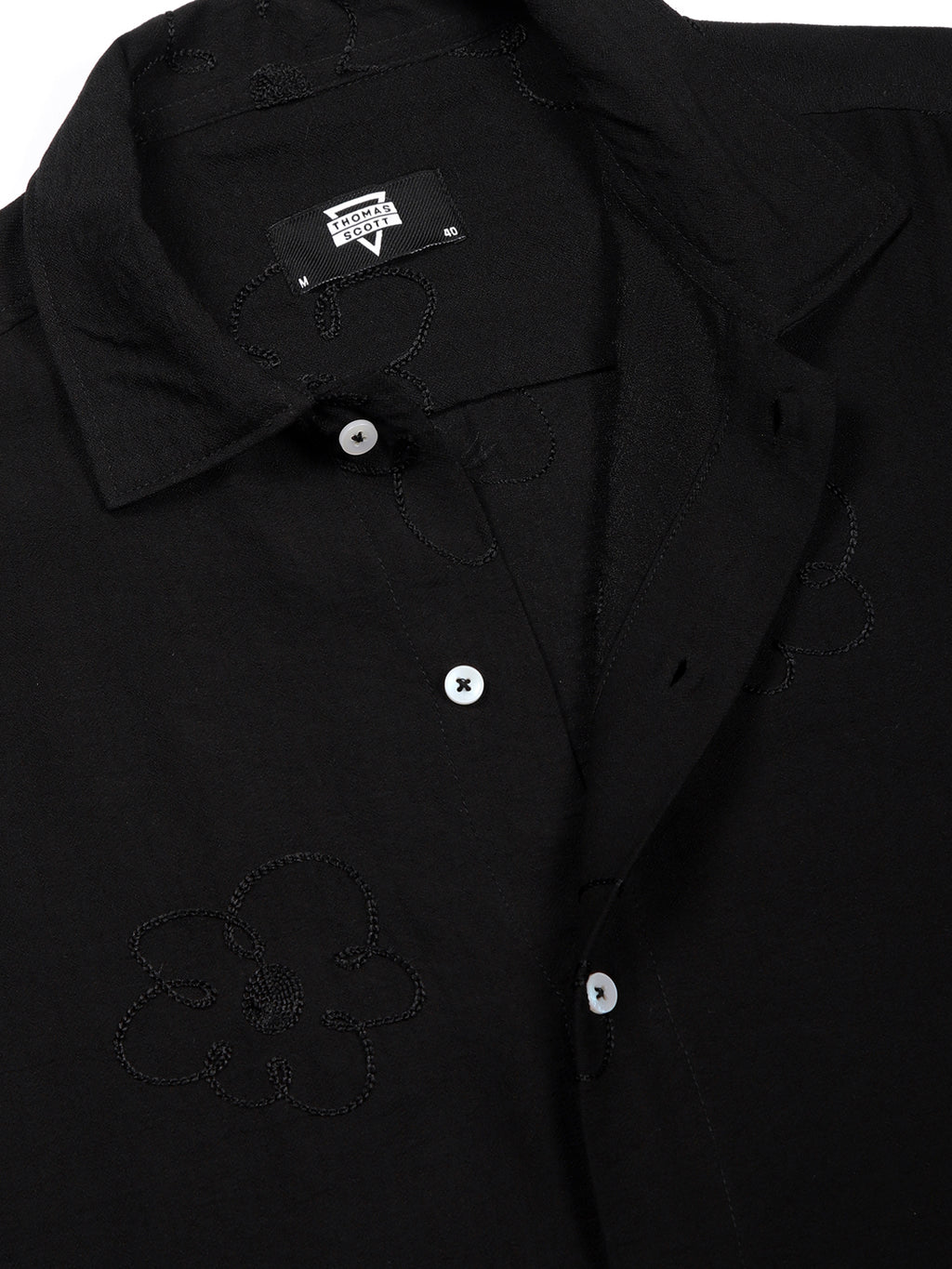 Thomas Scott Men Black Regular Fit Short Sleeves Cuban Collar Embroidered Shirt